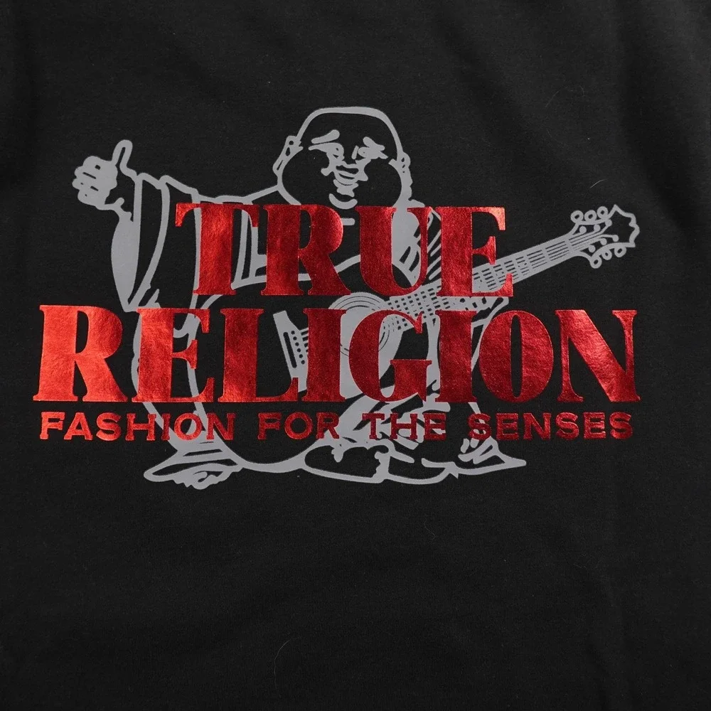 NEW True‎ Religion Sweatshirt Mens L Black Buddha Logo Pullover Crewneck Sweater